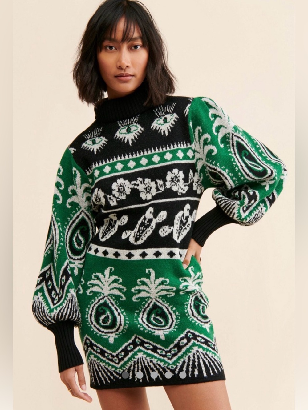 FARM Rio Black, Green & White Patterned Long-Sleeve Knit Dress - Picture 2 of 9